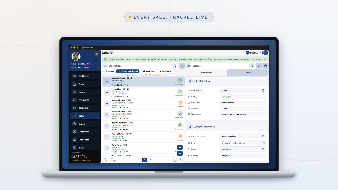 Algonize case study cover showing the Algonize Portal cloud POS dashboard on a MacBook and iPhone, with the tagline "from storefront to doorstep, one dashboard.