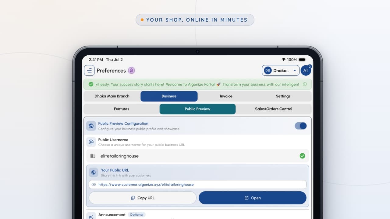 Algonize public storefront setup on an iPad showing a custom shop URL and business profile configuration for online selling.