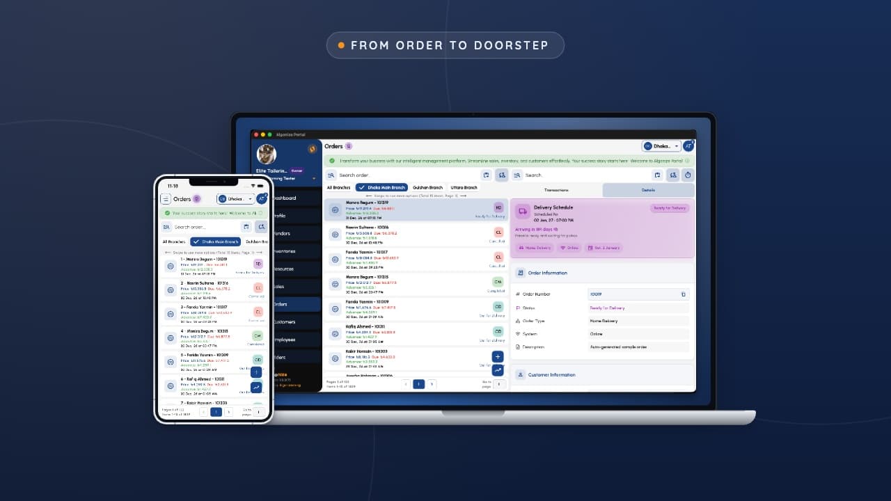 Algonize order and delivery management on a MacBook and iPhone together, showing delivery schedule, order status and customer details synced in real time.
