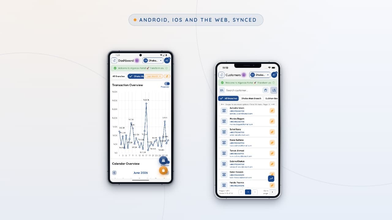 Algonize business management app on an Android phone and iPhone side by side, showing sales dashboard and customer list synced across platforms.