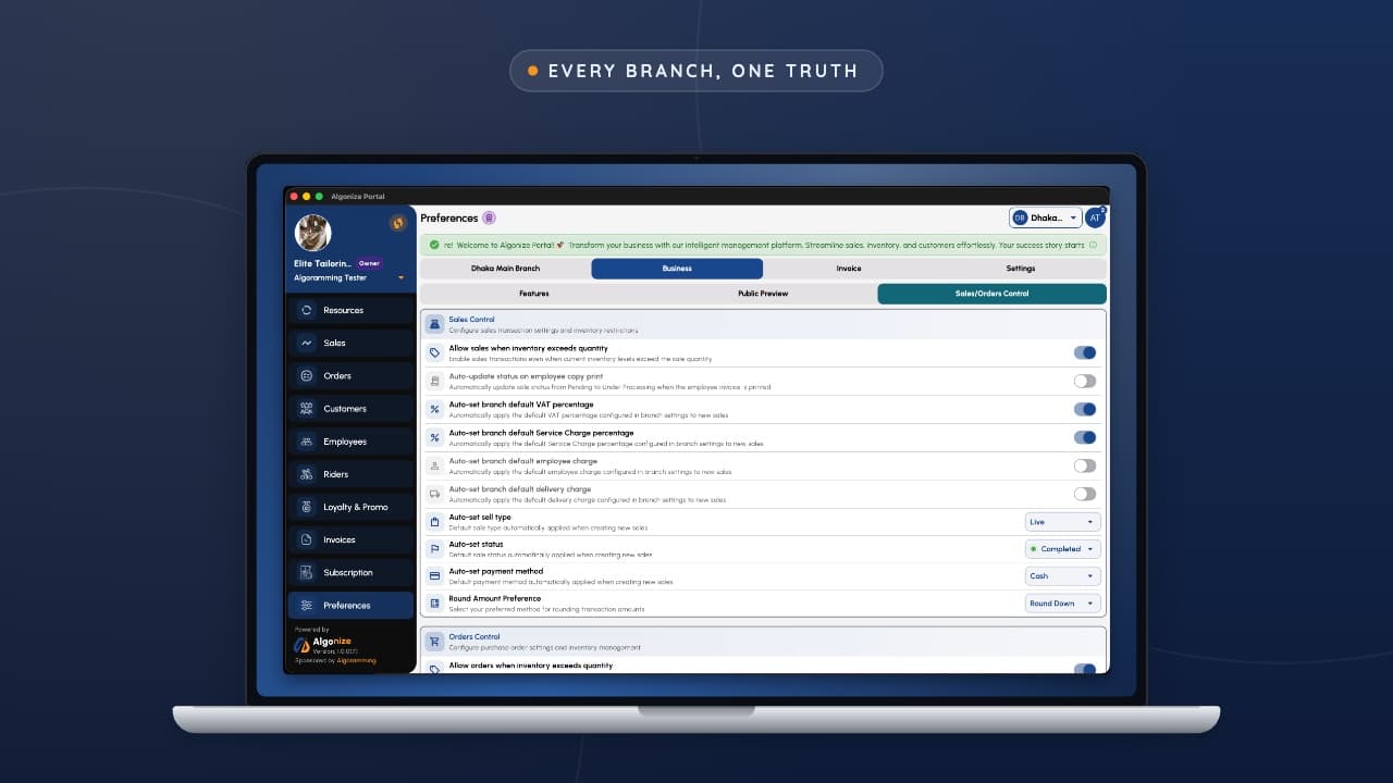 Algonize multi-branch settings on a MacBook showing per-branch VAT, service charge and sales control configuration for retail chains.